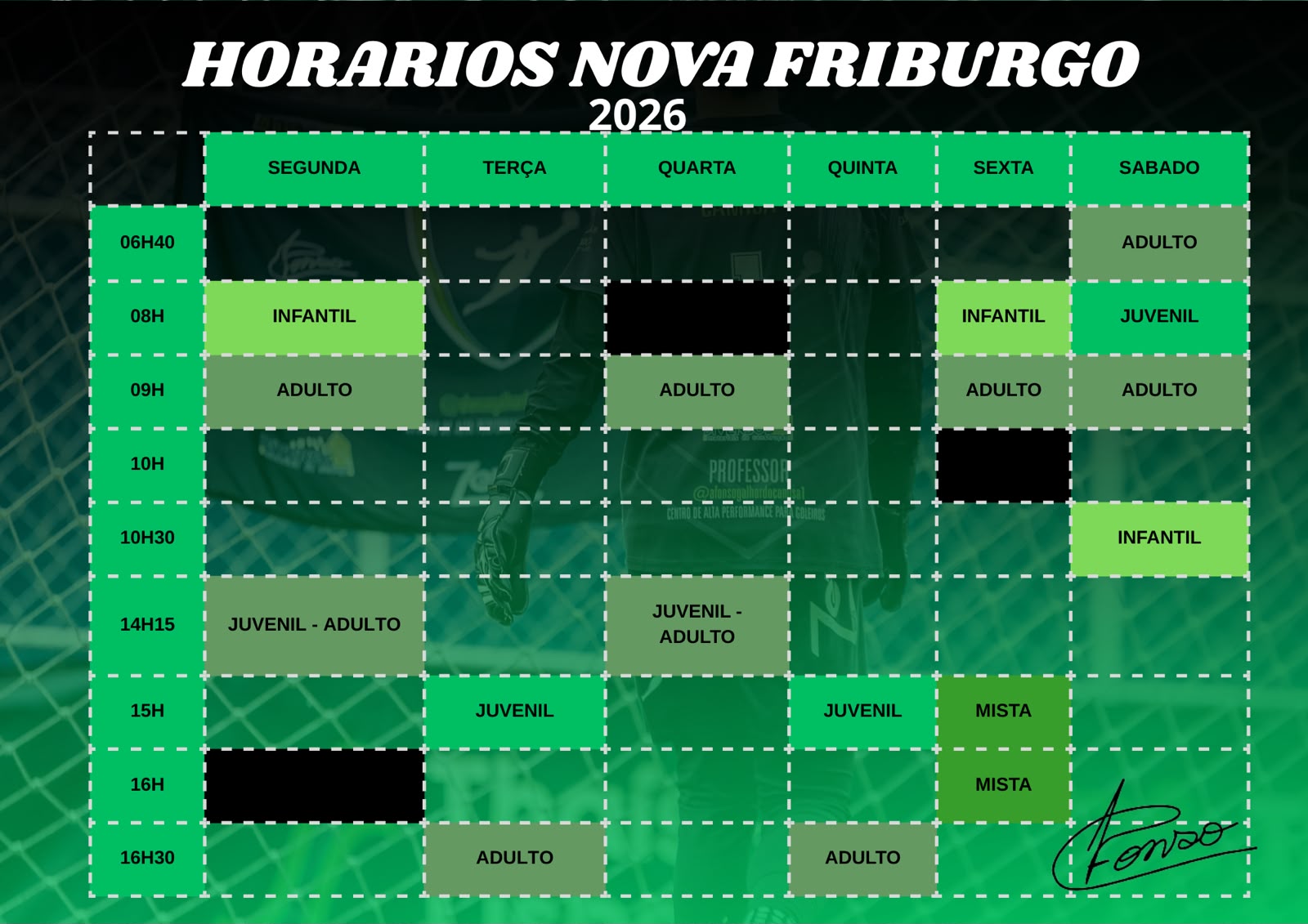 Grade de horários de treinos Camisa 1 Nova Friburgo 2026